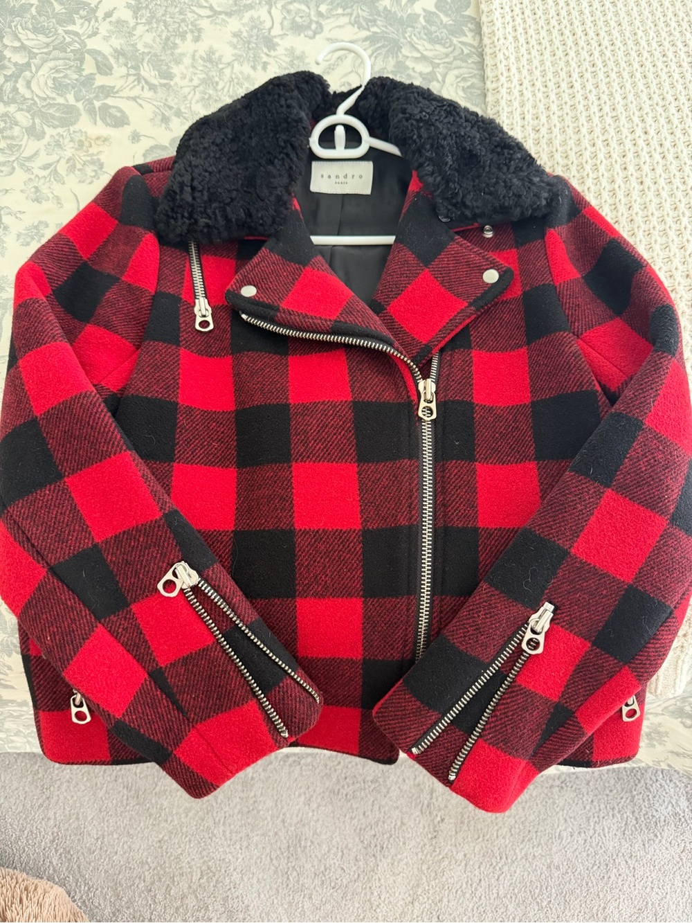 Sandro Red and Black Plaid Jacket with Faux Shearling Collar